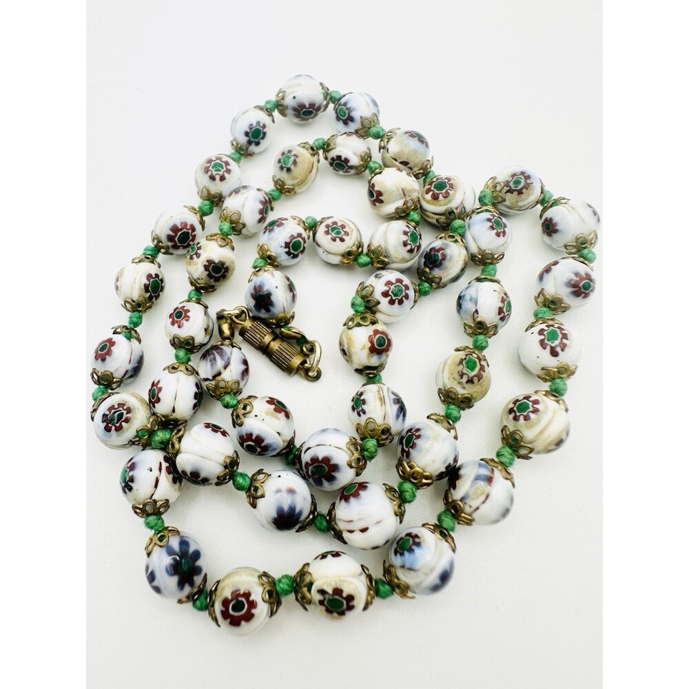 Vintage Italy Venetian Murano Millefiori White Green Glass Knotted Necklace 23”